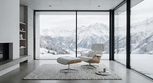 A quiet mountain-view lounge, set up for uninterrupted work