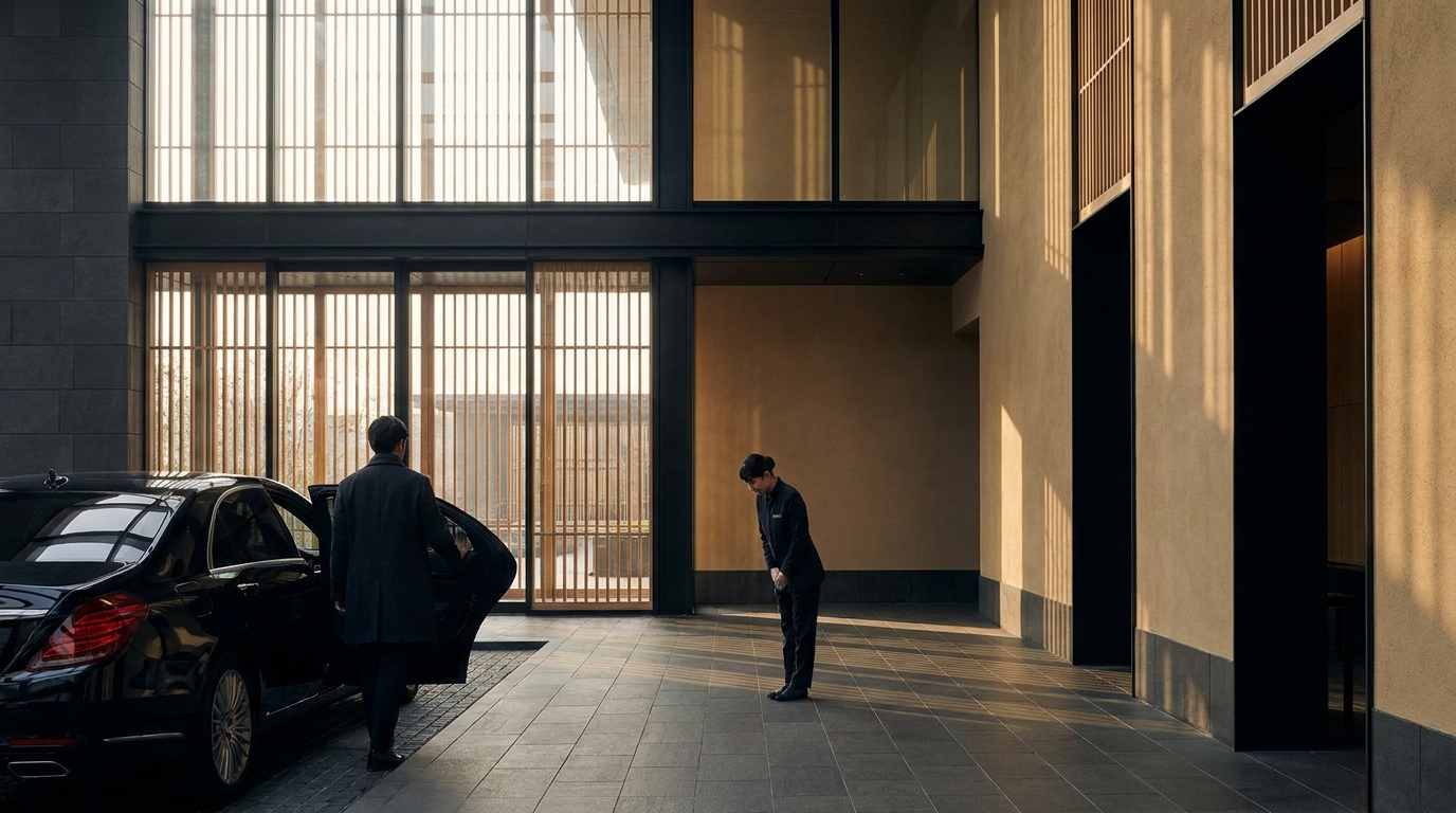 A discreet chauffeured arrival at a quiet architectural entrance
